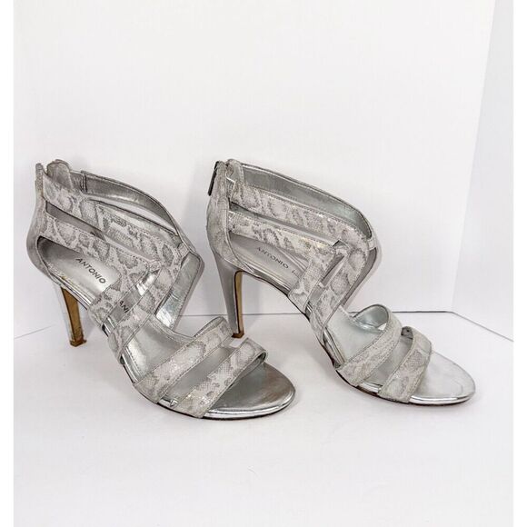 Antonio Melani Sandal Heels Strappy Snake Metallic Silver Leather Stiletto 8 M - Picture 4 of 16